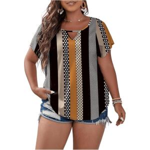 image:imageSOLY HUX Plus Size Blouses for Curvy Women Cute Boho Striped Print Shirts V Neck Casual Summer Blouses TShirts TopsGold Multi