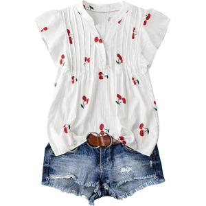 image:imageSOLY HUX Plus Size Tops for Women Cherry Print Notched V Neck Ruffle Cap Sleeve Vacation Casual BlouseWhite Cherry