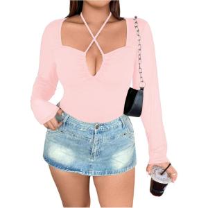image:imageSOLY HUX Plus Size Tops for Women Long Sleeve Sexy Going Out Tops V Neck Criss Cross T Shirts BlouseLight Pink