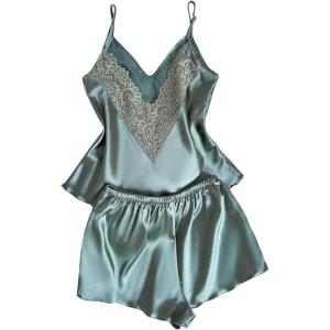 image:imageSOLY HUX Satin Pajama Set for Women Lace Silk Pjs Camisole Top and Shorts Sleepwear 2 PiecePlain Green