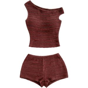 image:imageSOLY HUX Womens 2 Piece Striped Off The Shoulder Crop Tops and Mini Shorts Set Summer Y2K Going Out OutfitsCoffee Brown