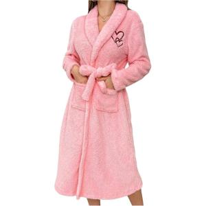 image:imageSOLY HUX Womens Bathrobes Long Sleeve Belted Fleece Belted Midi Robe Pajamas Sleepwear with PocketsPink Heart