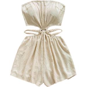 image:imageSOLY HUX Womens Boho Tie Backless Tube Top Romper Strapless Cut Out Wide Leg Vacation Short JumpsuitsPlain Apricot