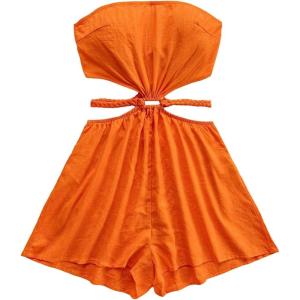 image:imageSOLY HUX Womens Boho Tie Backless Tube Top Romper Strapless Cut Out Wide Leg Vacation Short JumpsuitsPlain Orange