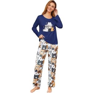 image:imageSOLY HUX Womens Cartoon Graphic Pajama Set Cute Cat Print Sleepwear Long Sleeve Tee Tops and Pants LoungewearDark Blue