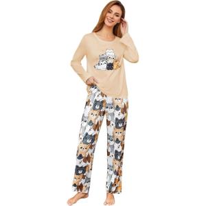 image:imageSOLY HUX Womens Cartoon Graphic Pajama Set Cute Cat Print Sleepwear Long Sleeve Tee Tops and Pants LoungewearMulticolor Apricot