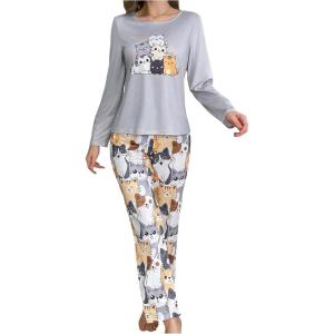 image:imageSOLY HUX Womens Cartoon Graphic Pajama Set Cute Cat Print Sleepwear Long Sleeve Tee Tops and Pants LoungewearMulticolor Cartoon