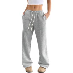 image:imageSOLY HUX Womens Drawstring Sweatpants Elastic Low Rise Baggy Straight Leg Casual Pants with PocketsPlain Grey