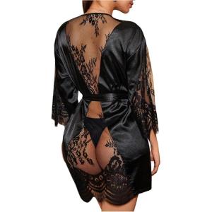 image:imageSOLY HUX Womens Lace Sheer Satin Robe Silk Kimono Bridesmaid Robes Sleepwear with BeltedPlain Black