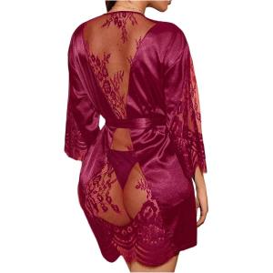 image:imageSOLY HUX Womens Lace Sheer Satin Robe Silk Kimono Bridesmaid Robes Sleepwear with BeltedPure Burgundy