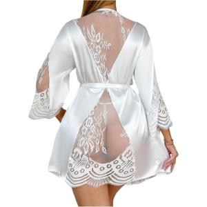image:imageSOLY HUX Womens Lace Sheer Satin Robe Silk Kimono Bridesmaid Robes Sleepwear with BeltedPure White