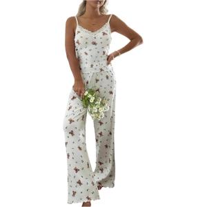 image:imageSOLY HUX Womens Lace Sleepwear 2 Piece Pajamas Cute Bow Print Cami Crop Top and Pants Lounge SetApricot Bear