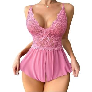 image:imageSOLY HUX Womens Lace Teddy Lingerie Spaghetti Strap Bodysuit Babydoll SleepwearPure Pink