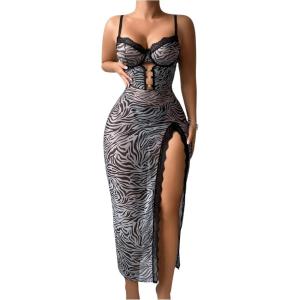 image:imageSOLY HUX Womens Lace Zebra Print Mesh Lingerie Set Split Babydoll Chemise Nightgown SleepwearMulticoloured Printed