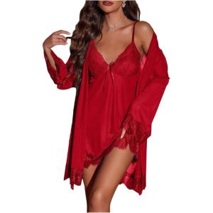 image:imageSOLY HUX Womens Mesh Sheer Nightgown with Robes Pajama Set 2 Piece Lace Sleepwear Sexy Cami NightwearSolid Burgundy
