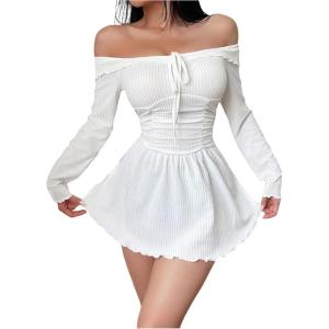 image:imageSOLY HUX Womens Off The Shoulder Babydoll Nightgown Tie Front Long Sleeve Knit Night Dress SleepwearPlain White