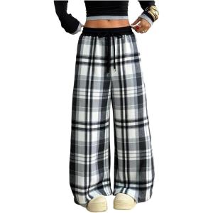 image:imageSOLY HUX Womens Plaid Checkered Pants Flannel Pajama Pants Lounge Wide Leg Baggy Sweatpants with PocketsBlack White Plaid