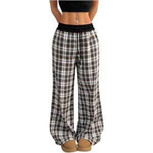 image:imageSOLY HUX Womens Plaid Checkered Pants Flannel Pajama Pants Lounge Wide Leg Baggy Sweatpants with PocketsMulti Khaki Plaid