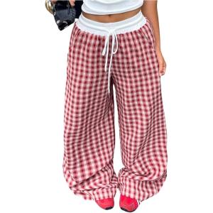 image:imageSOLY HUX Womens Plaid Checkered Pants Flannel Pajama Pants Lounge Wide Leg Baggy Sweatpants with PocketsMulti Red Plaid