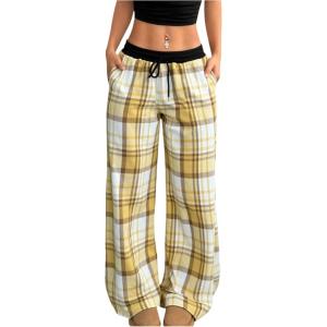 image:imageSOLY HUX Womens Plaid Checkered Pants Flannel Pajama Pants Lounge Wide Leg Baggy Sweatpants with PocketsMustard Yellow Plaid