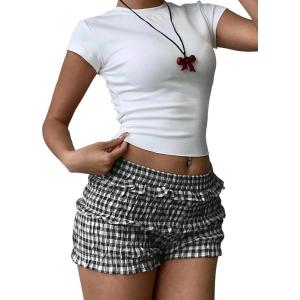 image:imageSOLY HUX Womens Plaid Ruffle Mini Shorts Gingham Elastic Cute Lounge Sleep Bottoms Low Rise Bloomer ShortsBlack and White Gingham