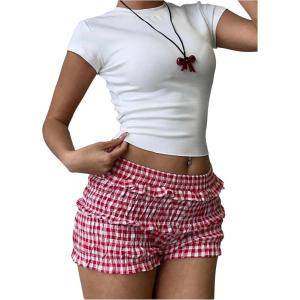 image:imageSOLY HUX Womens Plaid Ruffle Mini Shorts Gingham Elastic Cute Lounge Sleep Bottoms Low Rise Bloomer ShortsRed and White Plaid
