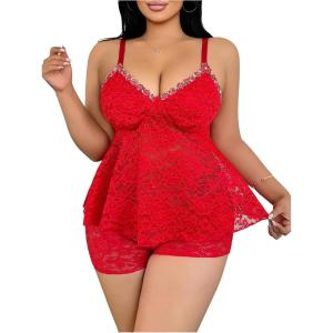 image:imageSOLY HUX Womens Plus Size 2 Piece Lingerie Set Lace Sheer V Neck Sleeveless Top and Shorts Set SleepwearPlain Red
