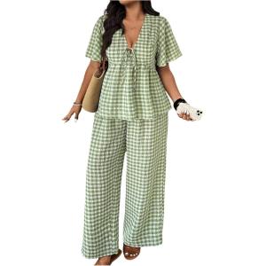 image:imageSOLY HUX Womens Plus Size 2 Piece Outfit Plaid V Neck Shirt and Wide Leg Pants Vacation SetGreen Plaid