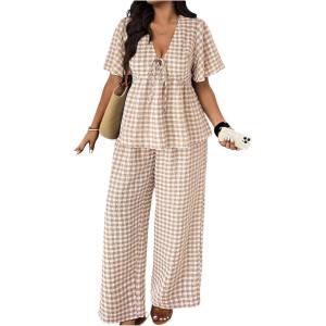 image:imageSOLY HUX Womens Plus Size 2 Piece Outfit Plaid V Neck Shirt and Wide Leg Pants Vacation SetKhaki Plaid