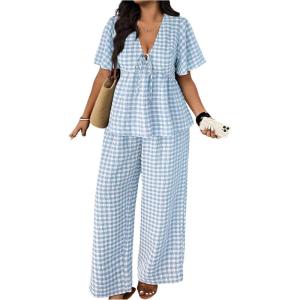 image:imageSOLY HUX Womens Plus Size 2 Piece Outfit Plaid V Neck Shirt and Wide Leg Pants Vacation SetLight Blue