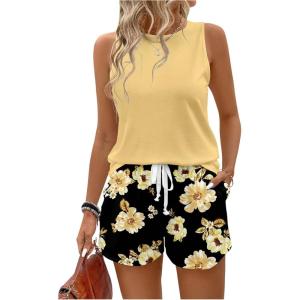 image:imageSOLY HUX Womens Plus Size 2 Piece Summer Vacation Outfits Sleeveless Tank Tops and Floral Print Shorts SetYellow Floral