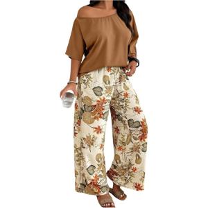 image:imageSOLY HUX Womens Plus Size 2 Piece Vacation Outfits Off The Shoulder 34 Sleeve Top and Boho Print Pants SetBrown Tropical