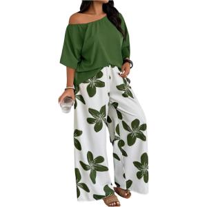 image:imageSOLY HUX Womens Plus Size 2 Piece Vacation Outfits Off The Shoulder 34 Sleeve Top and Boho Print Pants SetGreen Floral