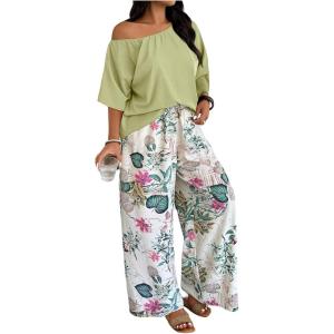 image:imageSOLY HUX Womens Plus Size 2 Piece Vacation Outfits Off The Shoulder 34 Sleeve Top and Boho Print Pants SetGreen Leaf