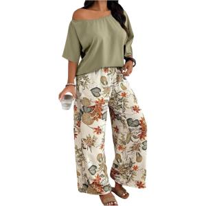 image:imageSOLY HUX Womens Plus Size 2 Piece Vacation Outfits Off The Shoulder 34 Sleeve Top and Boho Print Pants SetGreen Tropical