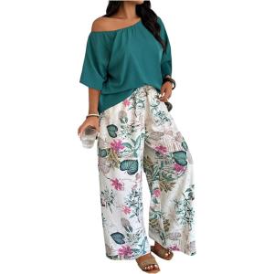 image:imageSOLY HUX Womens Plus Size 2 Piece Vacation Outfits Off The Shoulder 34 Sleeve Top and Boho Print Pants SetMulticolor
