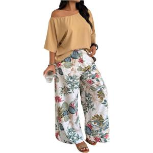 image:imageSOLY HUX Womens Plus Size 2 Piece Vacation Outfits Off The Shoulder 34 Sleeve Top and Boho Print Pants SetMulticolor Leaf