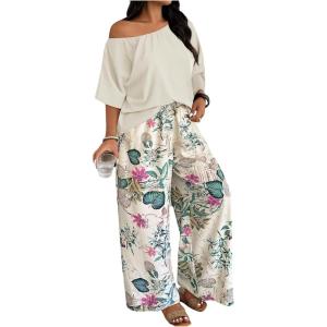 image:imageSOLY HUX Womens Plus Size 2 Piece Vacation Outfits Off The Shoulder 34 Sleeve Top and Boho Print Pants SetMulticolor Leaf Print