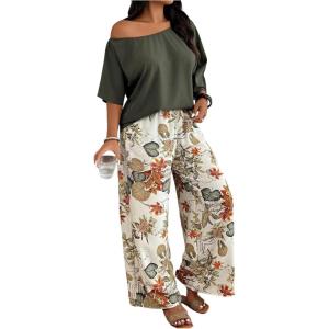 image:imageSOLY HUX Womens Plus Size 2 Piece Vacation Outfits Off The Shoulder 34 Sleeve Top and Boho Print Pants SetMulticoloured Graphic