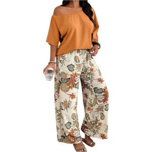 image:imageSOLY HUX Womens Plus Size 2 Piece Vacation Outfits Off The Shoulder 34 Sleeve Top and Boho Print Pants SetOrange Tropical