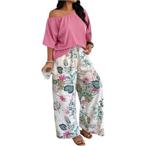 image:imageSOLY HUX Womens Plus Size 2 Piece Vacation Outfits Off The Shoulder 34 Sleeve Top and Boho Print Pants SetPink Leaf