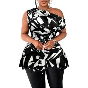 image:imageSOLY HUX Womens Plus Size Blouse Printed Off The Shoulder Short Sleeve Asymmetric Neck Belted Summer TopsBlack and White Geometric