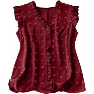 image:imageSOLY HUX Womens Plus Size Blouse Swiss Dots V Neck Ruffle Sleeveless Vacation Casual Summer TopsSolid Burgundy