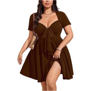 image:imageSOLY HUX Womens Plus Size Bow Tie Short Sleeve Summer Short Dress Cocktail Beach Wedding DressesPlain Brown