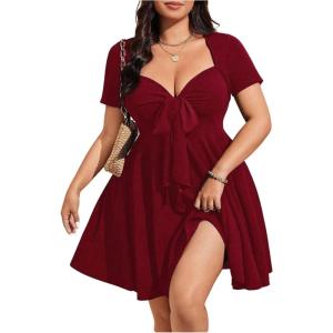image:imageSOLY HUX Womens Plus Size Bow Tie Short Sleeve Summer Short Dress Cocktail Beach Wedding DressesPlain Red