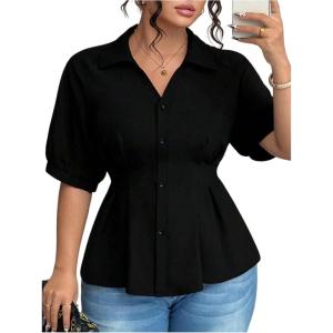 image:imageSOLY HUX Womens Plus Size Button Down Shirts Collared V Neck Puff Half Sleeve Peplum Casual Work Blouse TopsPlain Black
