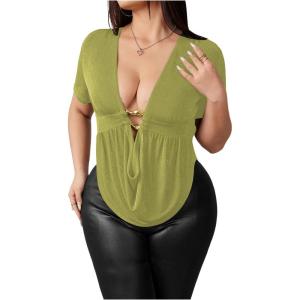 image:imageSOLY HUX Womens Plus Size Cowl Neck T Shirt Metal Decor Short Sleeve Going Out TopsPlain Army Green