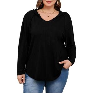 image:imageSOLY HUX Womens Plus Size Drawstring Hoodie Dressy Casual Raglan Long Sleeve Knit SweatshirtsPlain Black