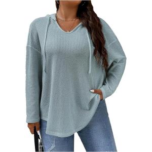 image:imageSOLY HUX Womens Plus Size Drawstring Hoodie Dressy Casual Raglan Long Sleeve Knit SweatshirtsPlain Dusty Blue