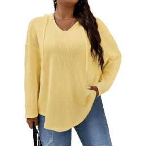 image:imageSOLY HUX Womens Plus Size Drawstring Hoodie Dressy Casual Raglan Long Sleeve Knit SweatshirtsPlain Yellow